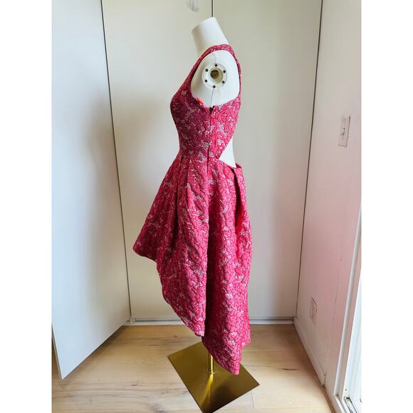 ML Monique Lhuillier Lace Pattern High Low Formal Dress Red white SZ SM Pockets - Picture 8 of 16